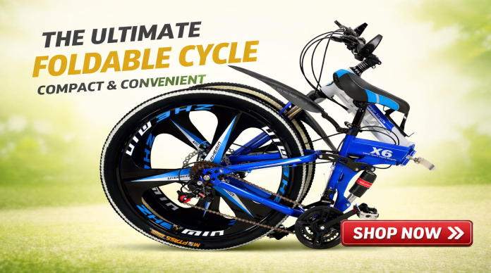 Lightweight foldable bicycle being unfolded in a city park. Compact commuter bike for easy storage and travel.